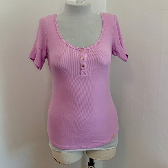 VTG 90s 2000 BEBE Lavender Ribbed Basic Short Sleeve Henley Top Button Purple S - Picture 4 of 12